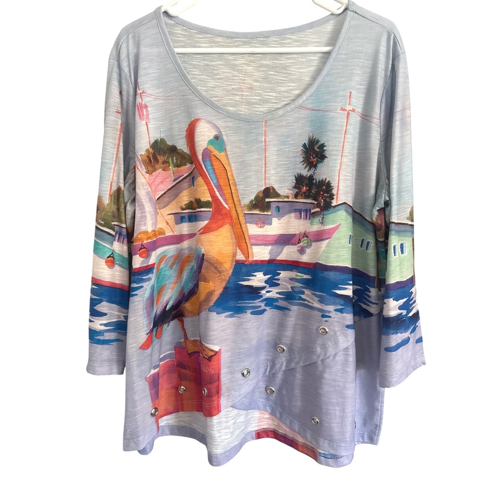 Art & Sol Ellen Neguey Top XL Pelican Boat Coastal Art to Wear